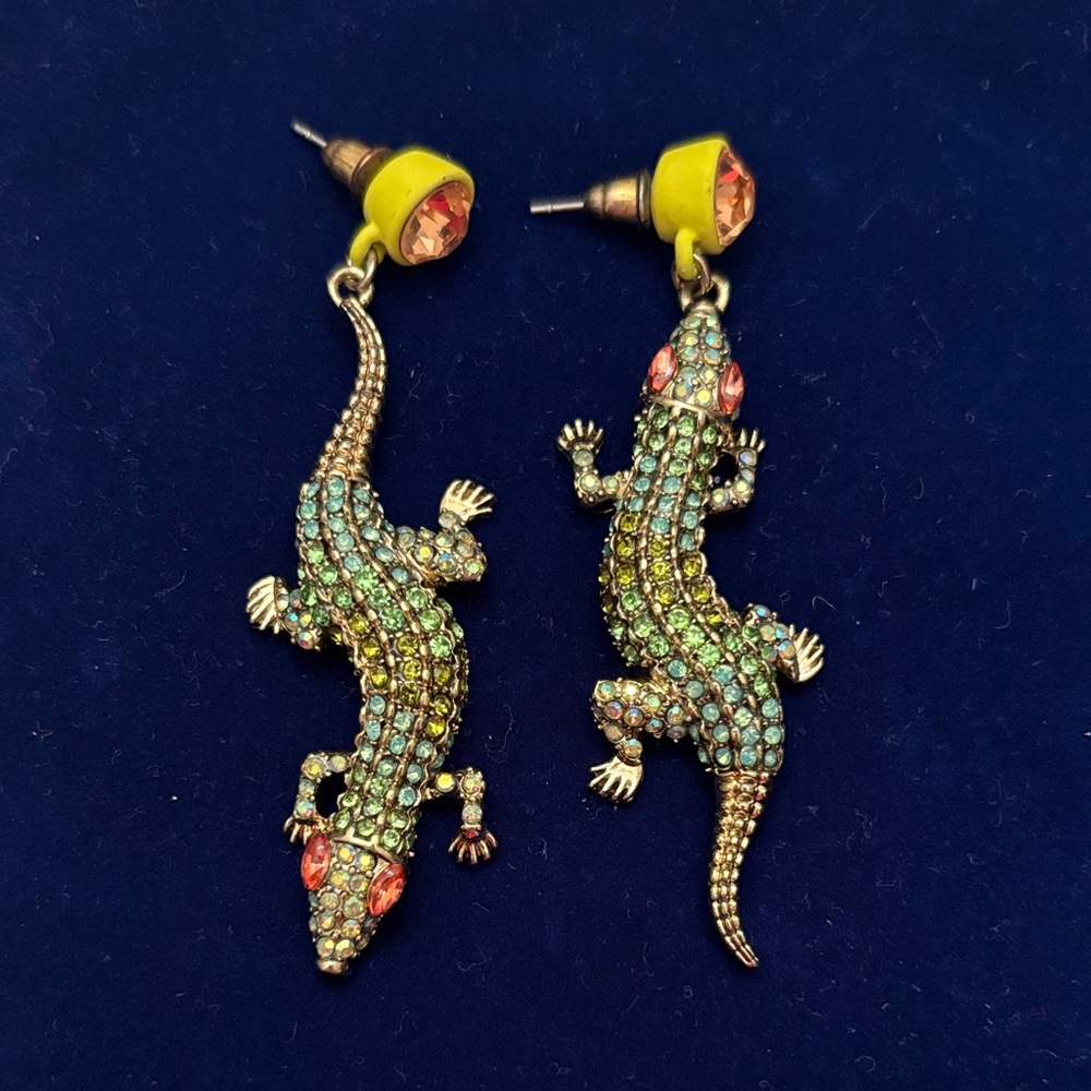 Betsey Johnson Green Crystal Alligator Drop Earrings with pink Accents